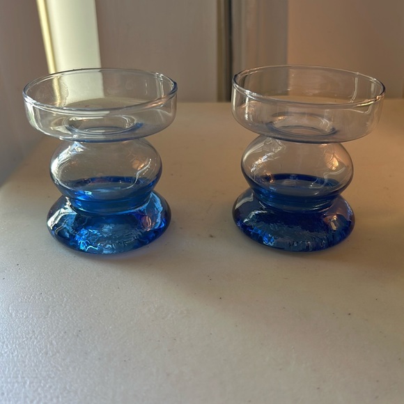 Blue clear two tone shapely glass candlesticks - Picture 1 of 4